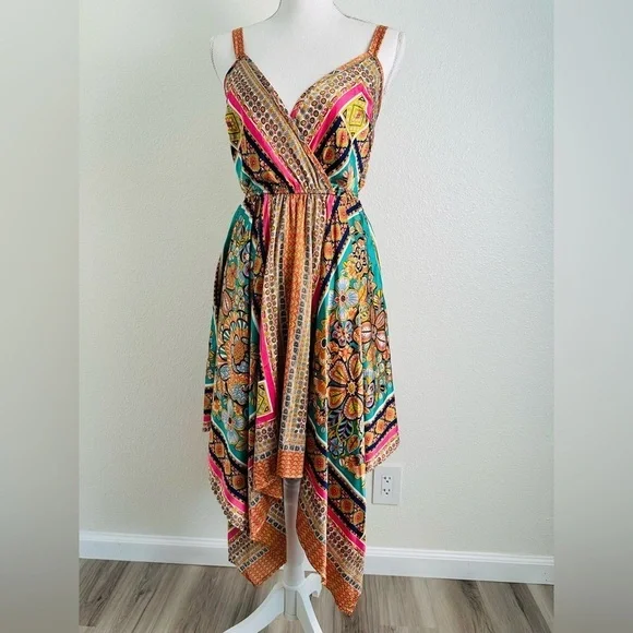 Rusttydustty Scarf Print Hanky Hem Cami Bohemian Dress Size Small - Picture 4 of 11